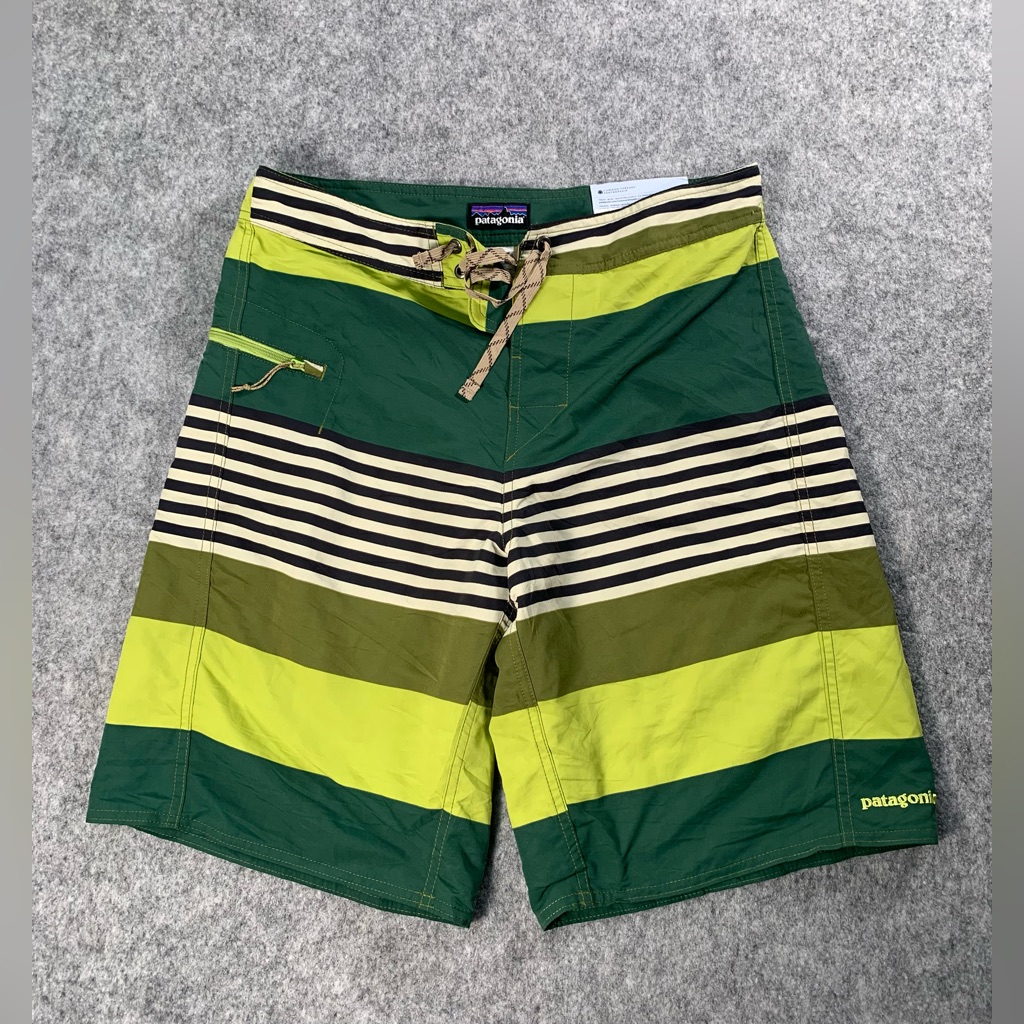 Patagonia Men’s Lime And Forest Green Striped Board Shorts